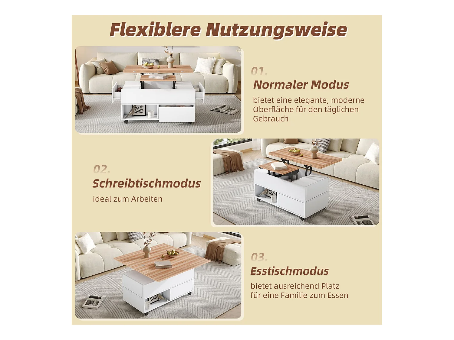 Couchtisch mit 4 Rollen,multifunktionaler Esstisch mit 4 Schubladen, anhebbarer Kaffeetish, höhenverstellbar Sofatisch,Beistelltisch mit Stauraum