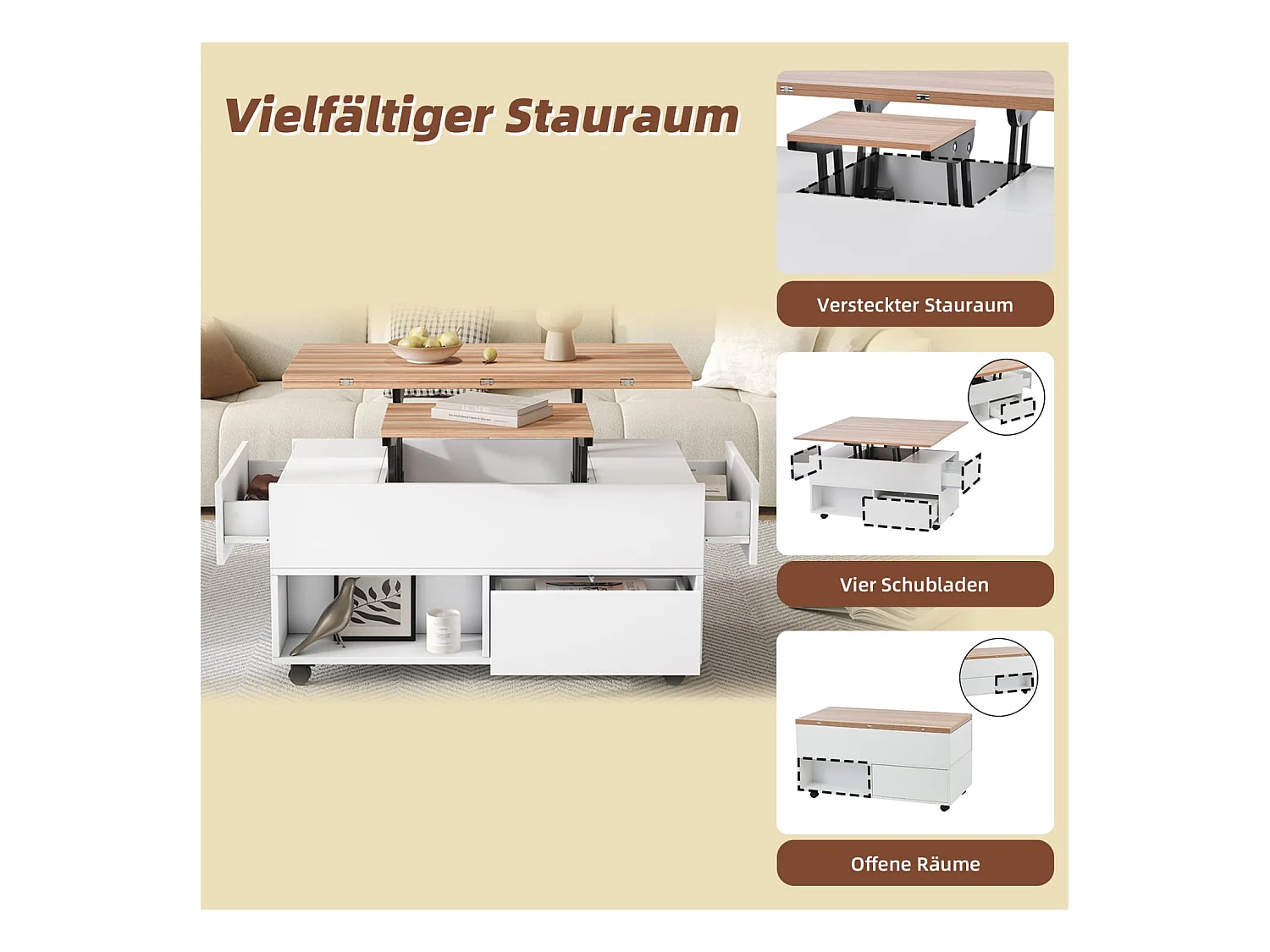 Couchtisch mit 4 Rollen,multifunktionaler Esstisch mit 4 Schubladen, anhebbarer Kaffeetish, höhenverstellbar Sofatisch,Beistelltisch mit Stauraum