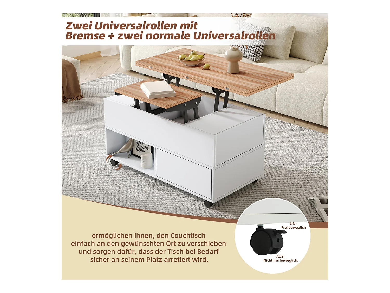 Couchtisch mit 4 Rollen,multifunktionaler Esstisch mit 4 Schubladen, anhebbarer Kaffeetish, höhenverstellbar Sofatisch,Beistelltisch mit Stauraum