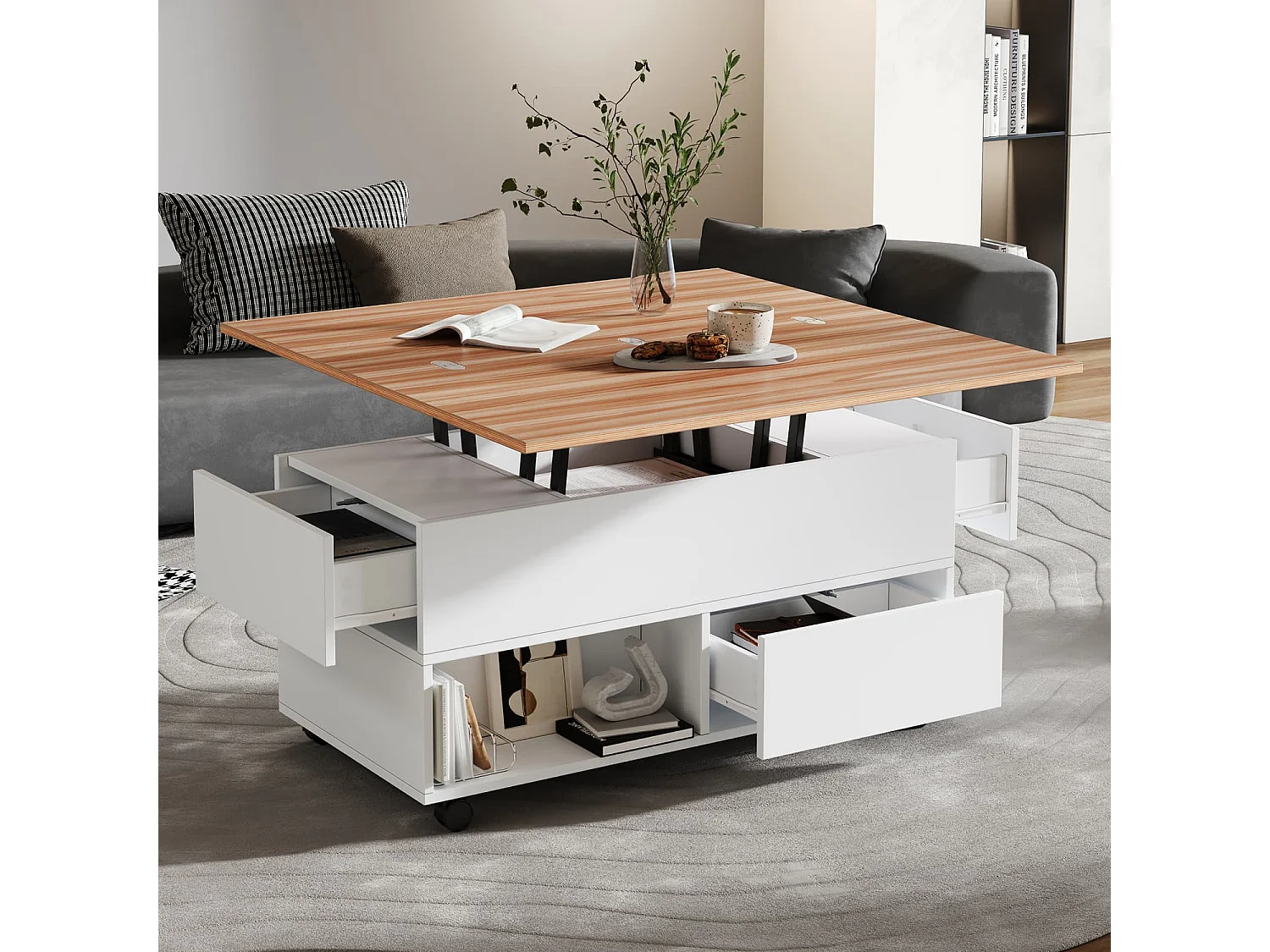 Couchtisch mit 4 Rollen,multifunktionaler Esstisch mit 4 Schubladen, anhebbarer Kaffeetish, höhenverstellbar Sofatisch,Beistelltisch mit Stauraum