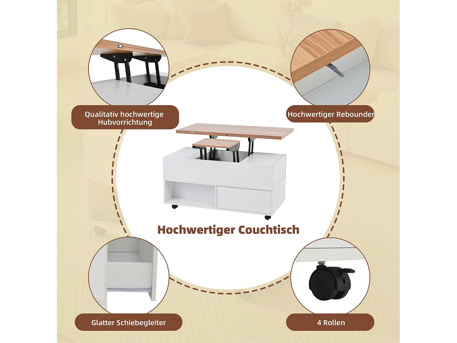 Couchtisch mit 4 Rollen,multifunktionaler Esstisch mit 4 Schubladen, anhebbarer Kaffeetish, höhenverstellbar Sofatisch,Beistelltisch mit Stauraum