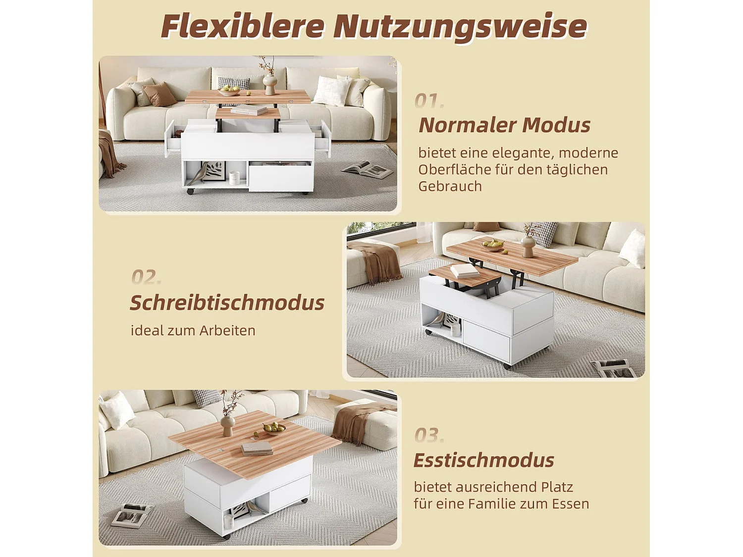 Couchtisch mit 4 Rollen,multifunktionaler Esstisch mit 4 Schubladen, anhebbarer Kaffeetish, höhenverstellbar Sofatisch,Beistelltisch mit Stauraum