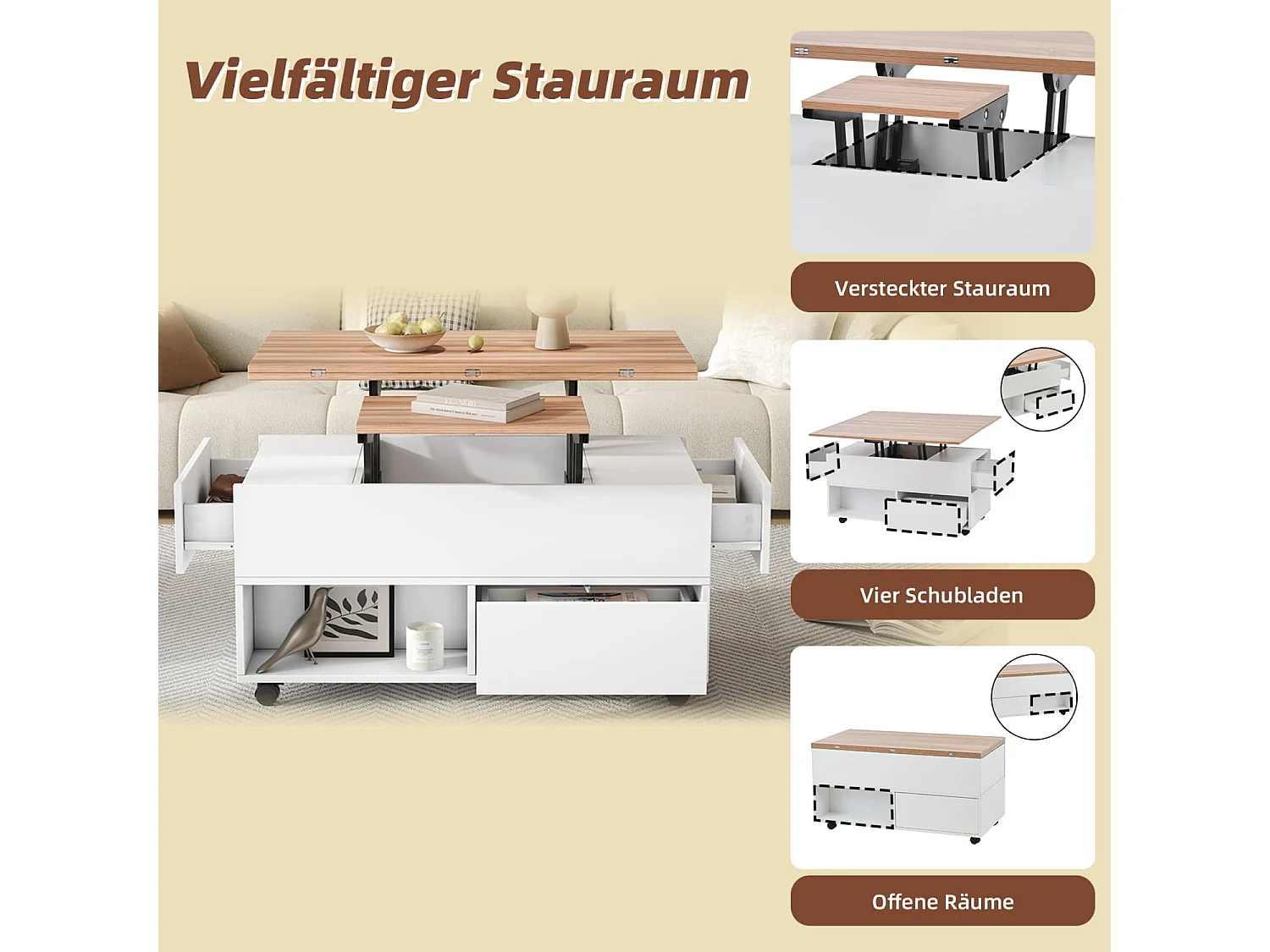Couchtisch mit 4 Rollen,multifunktionaler Esstisch mit 4 Schubladen, anhebbarer Kaffeetish, höhenverstellbar Sofatisch,Beistelltisch mit Stauraum
