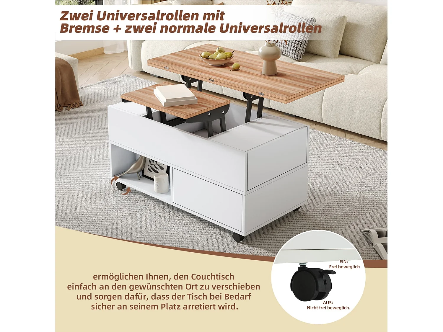 Couchtisch mit 4 Rollen,multifunktionaler Esstisch mit 4 Schubladen, anhebbarer Kaffeetish, höhenverstellbar Sofatisch,Beistelltisch mit Stauraum