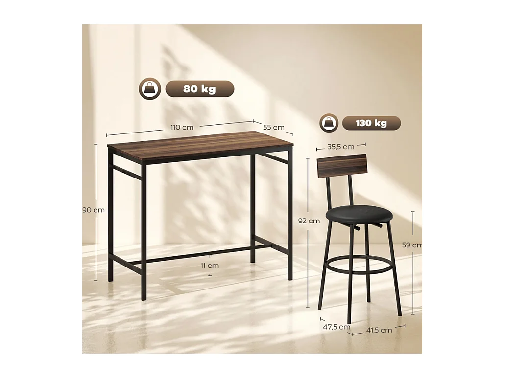 5-teiliges Bartisch-Set mit 4 Stühlen, Industrielles Design, für Küche, Esszimmer, Holz, Stahl