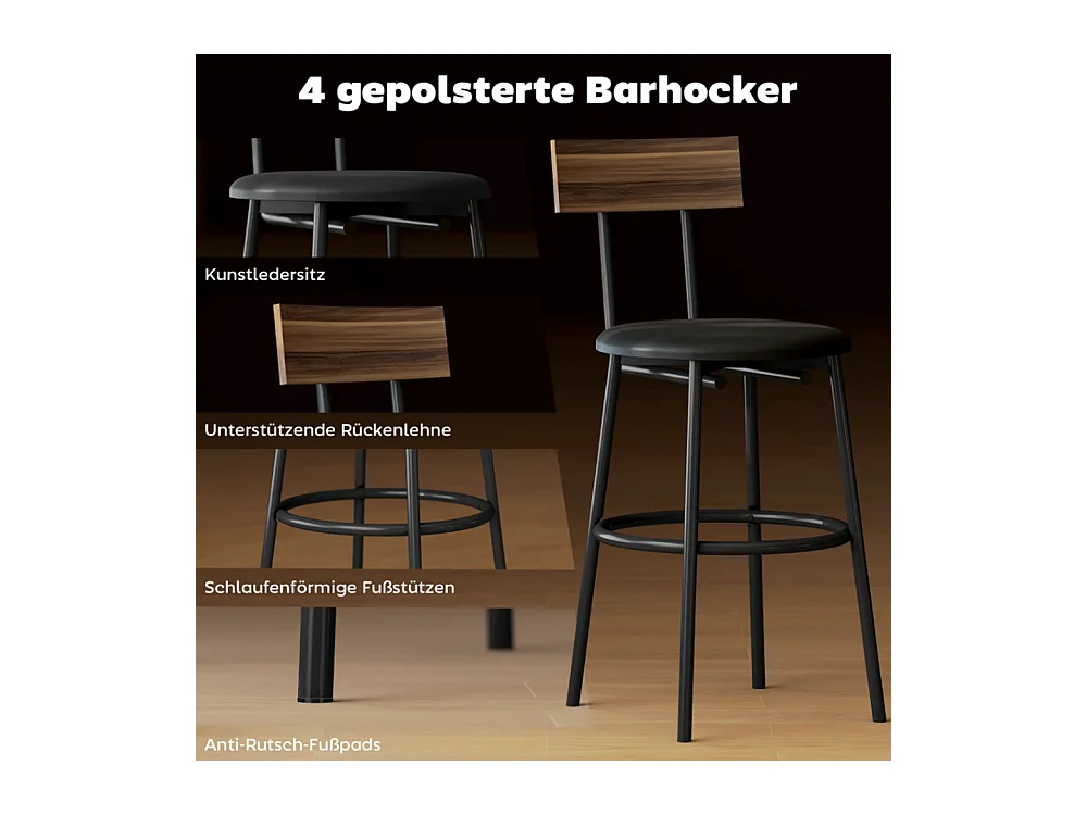 5-teiliges Bartisch-Set mit 4 Stühlen, Industrielles Design, für Küche, Esszimmer, Holz, Stahl