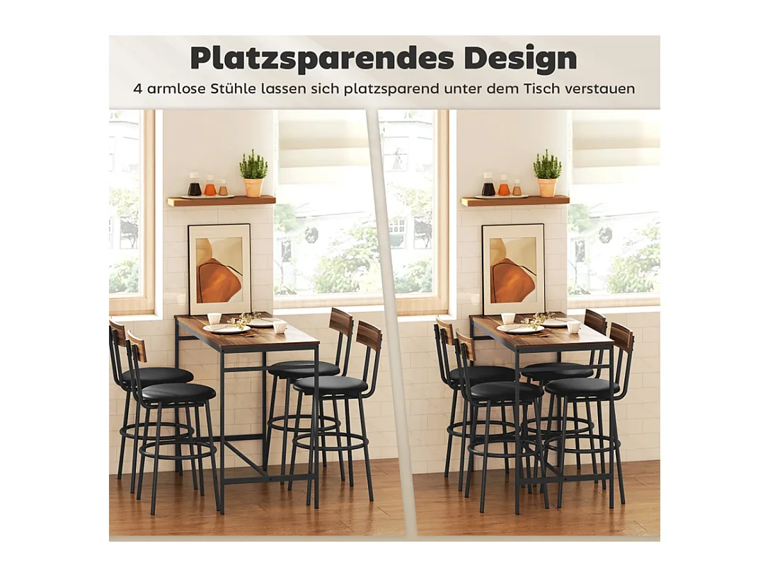 5-teiliges Bartisch-Set mit 4 Stühlen, Industrielles Design, für Küche, Esszimmer, Holz, Stahl