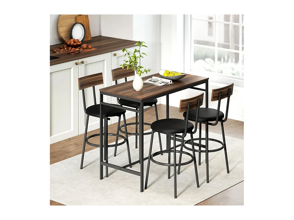 5-teiliges Bartisch-Set mit 4 Stühlen, Industrielles Design, für Küche, Esszimmer, Holz, Stahl