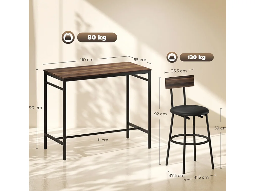 5-teiliges Bartisch-Set mit 4 Stühlen, Industrielles Design, für Küche, Esszimmer, Holz, Stahl