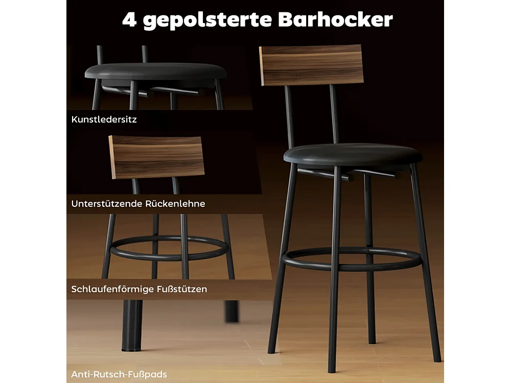 5-teiliges Bartisch-Set mit 4 Stühlen, Industrielles Design, für Küche, Esszimmer, Holz, Stahl