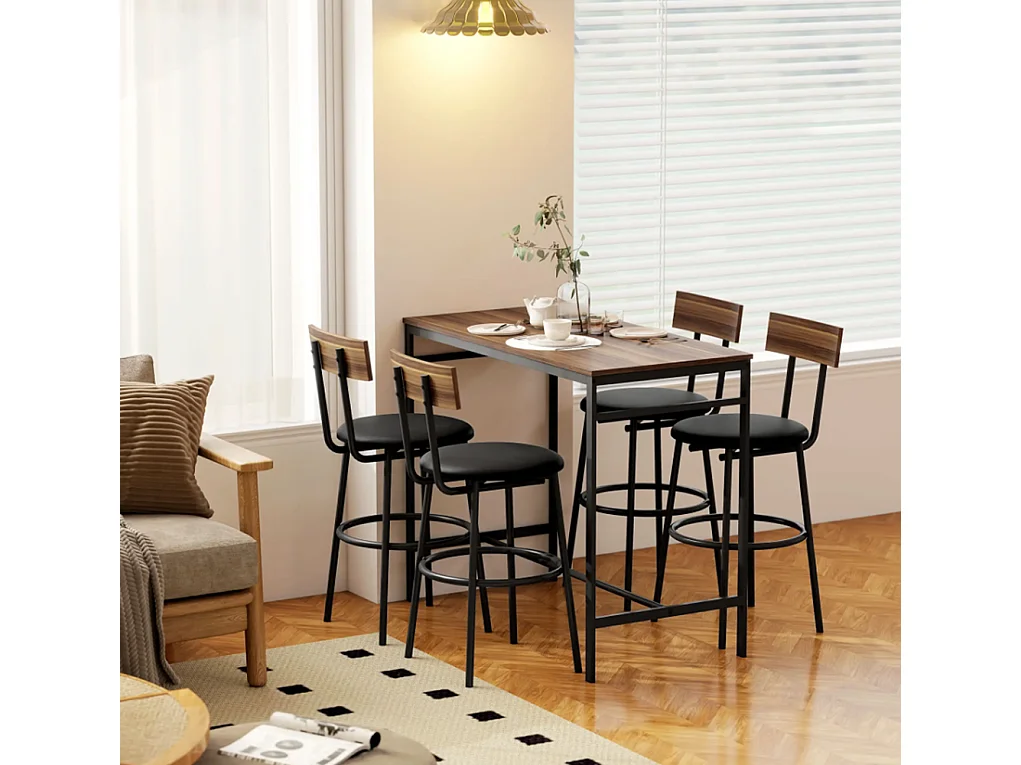5-teiliges Bartisch-Set mit 4 Stühlen, Industrielles Design, für Küche, Esszimmer, Holz, Stahl