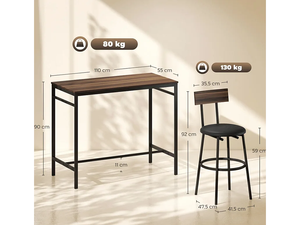 5-teiliges Bartisch-Set mit 4 Stühlen, Industrielles Design, für Küche, Esszimmer, Holz, Stahl