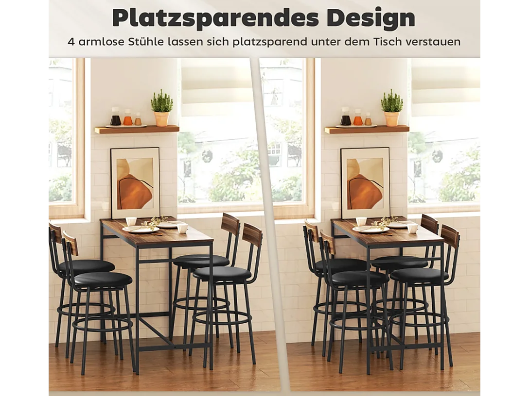 5-teiliges Bartisch-Set mit 4 Stühlen, Industrielles Design, für Küche, Esszimmer, Holz, Stahl