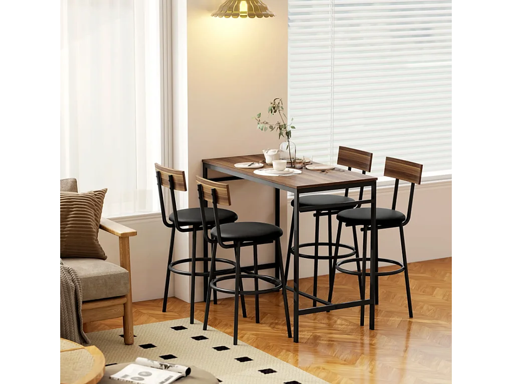 5-teiliges Bartisch-Set mit 4 Stühlen, Industrielles Design, für Küche, Esszimmer, Holz, Stahl