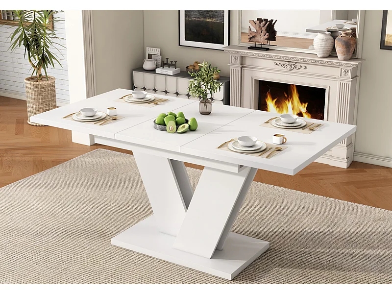 Ausziehbarer Esstisch mit verdickte Tischplatte für 4-8 Personen, rechteckiger Esstisch Ausziehtisch mit V-förmige Beine 120/160*80 cm, Weiß