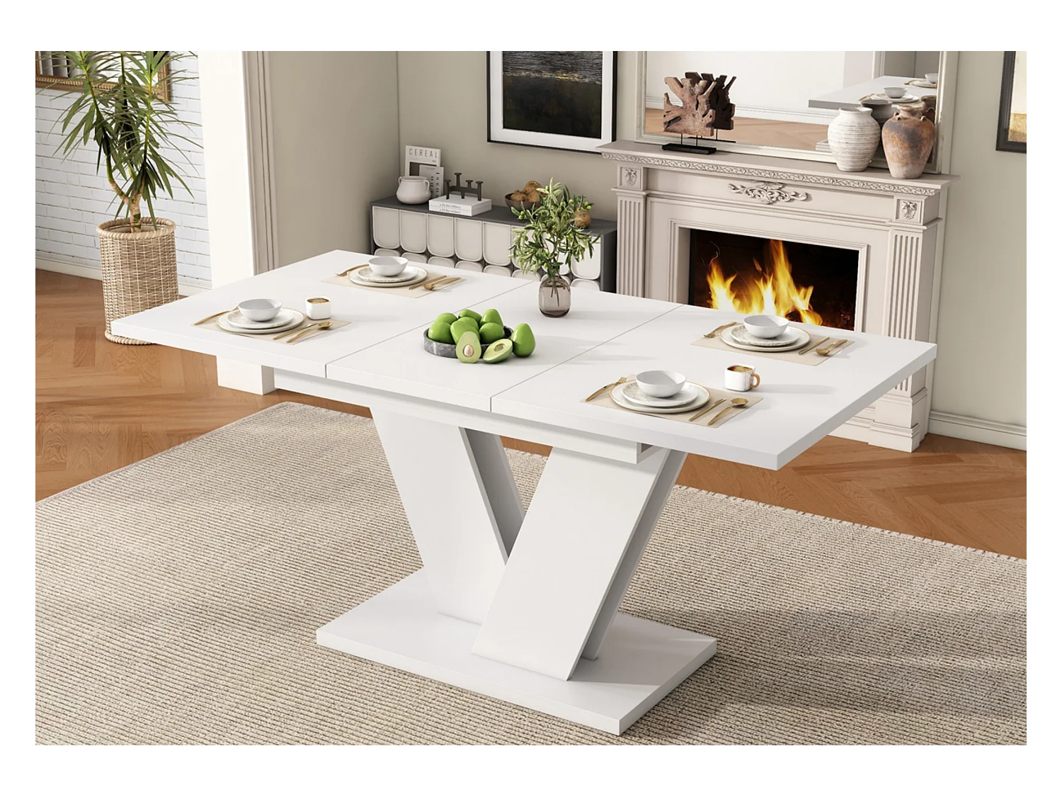 Ausziehbarer Esstisch mit verdickte Tischplatte für 4-8 Personen, rechteckiger Esstisch Ausziehtisch mit V-förmige Beine 120/160*80 cm, Weiß