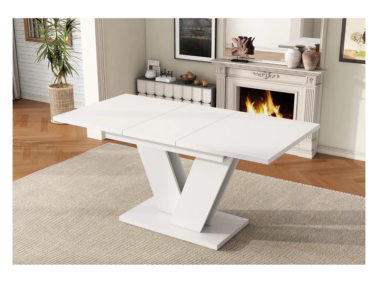 Ausziehbarer Esstisch mit verdickte Tischplatte für 4-8 Personen, rechteckiger Esstisch Ausziehtisch mit V-förmige Beine 120/160*80 cm, Weiß