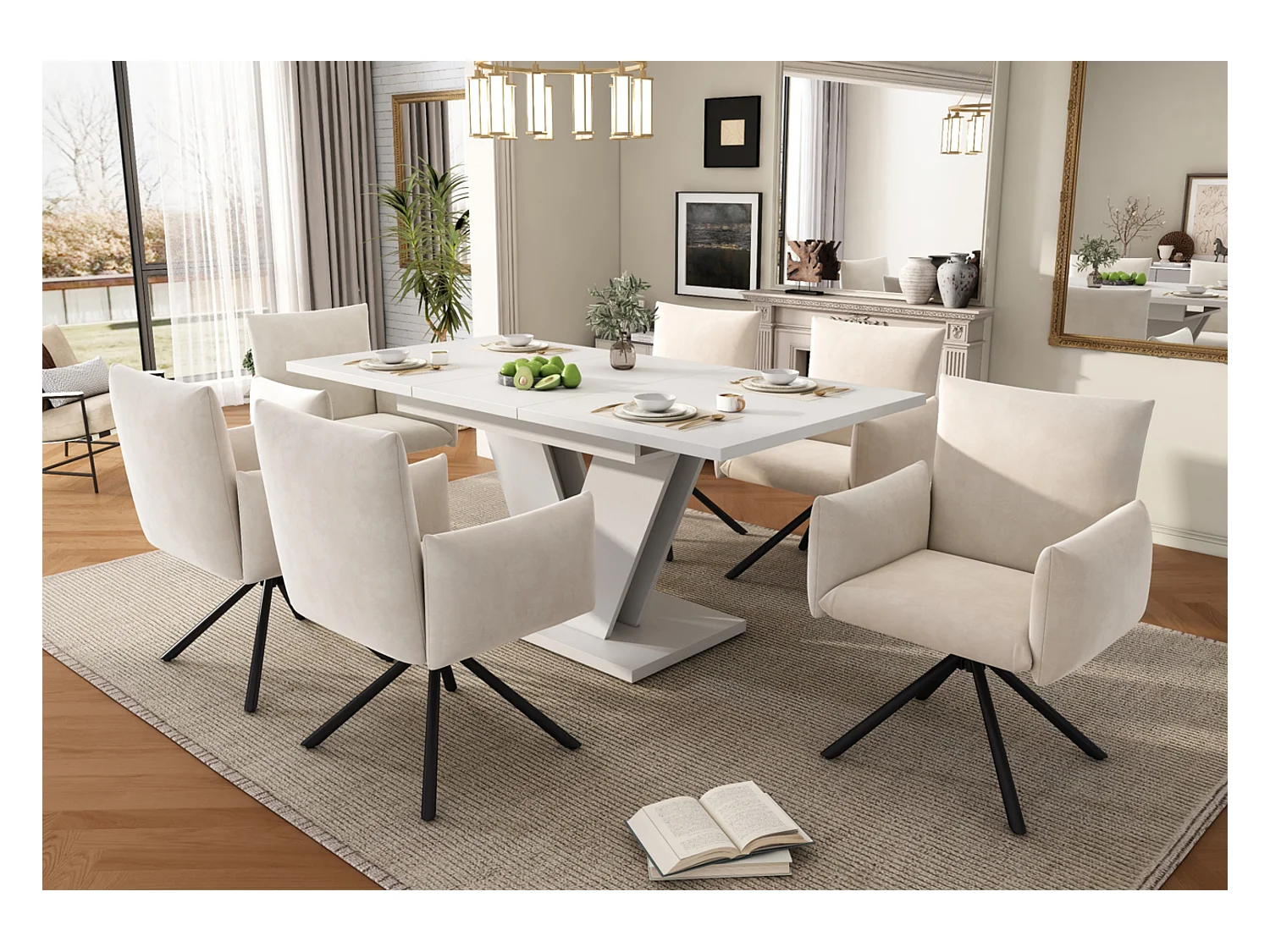 Ausziehbarer Esstisch mit verdickte Tischplatte für 4-8 Personen, rechteckiger Esstisch Ausziehtisch mit V-förmige Beine 120/160*80 cm, Weiß