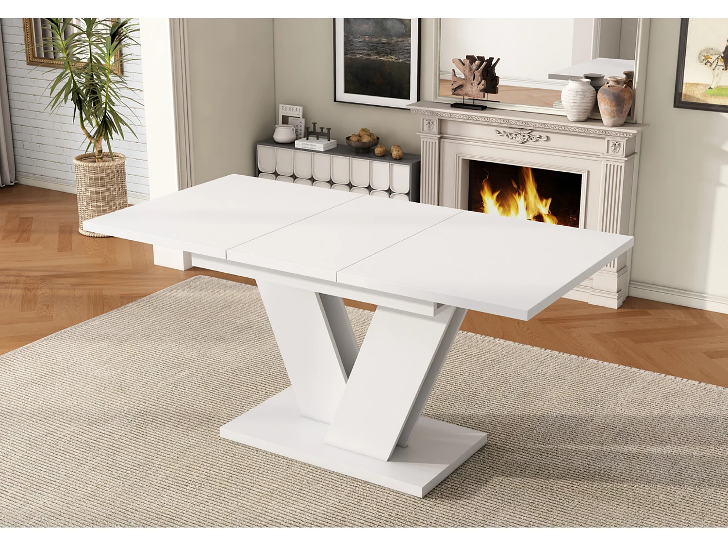 Ausziehbarer Esstisch mit verdickte Tischplatte für 4-8 Personen, rechteckiger Esstisch Ausziehtisch mit V-förmige Beine 120/160*80 cm, Weiß