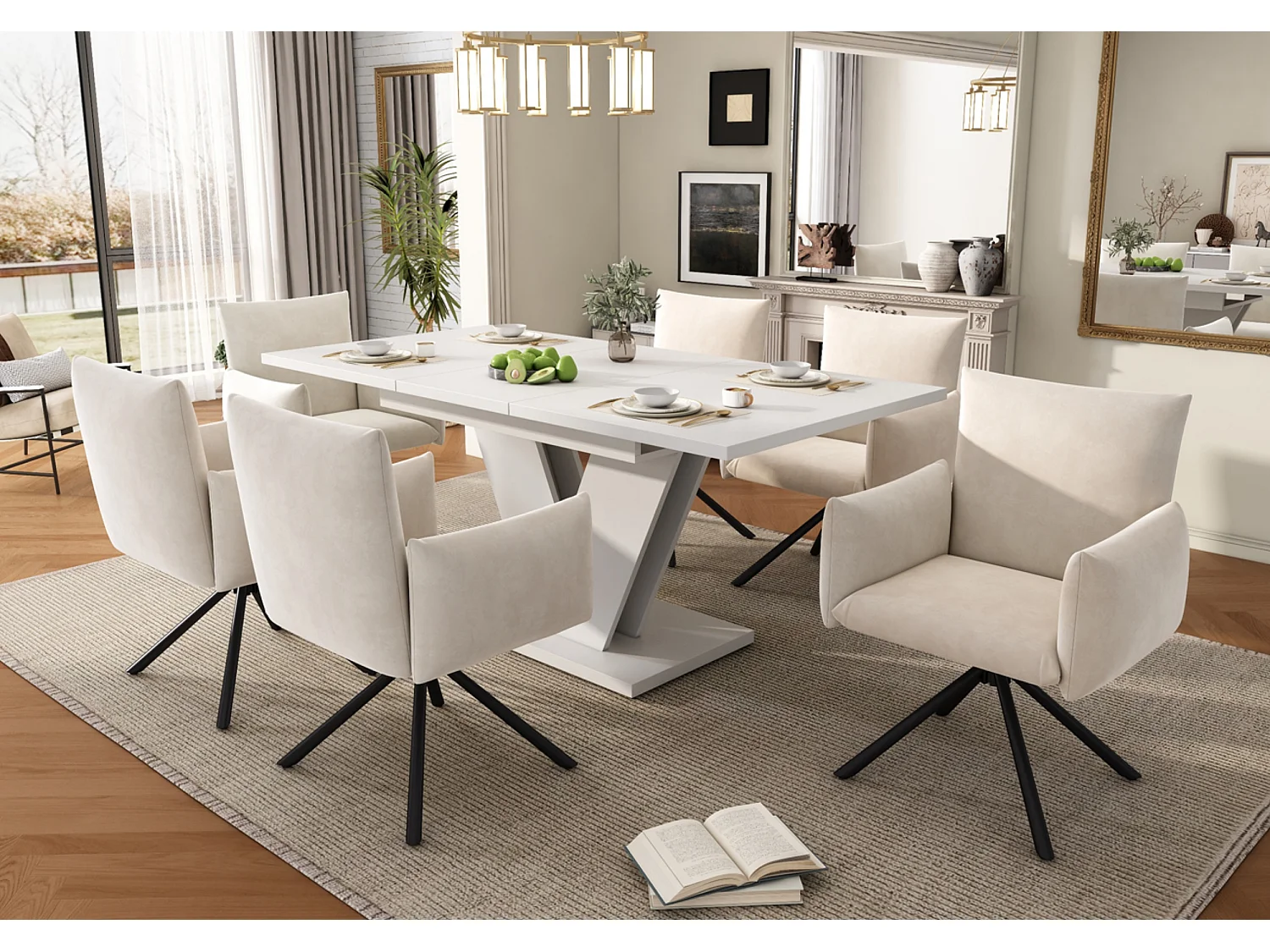 Ausziehbarer Esstisch mit verdickte Tischplatte für 4-8 Personen, rechteckiger Esstisch Ausziehtisch mit V-förmige Beine 120/160*80 cm, Weiß