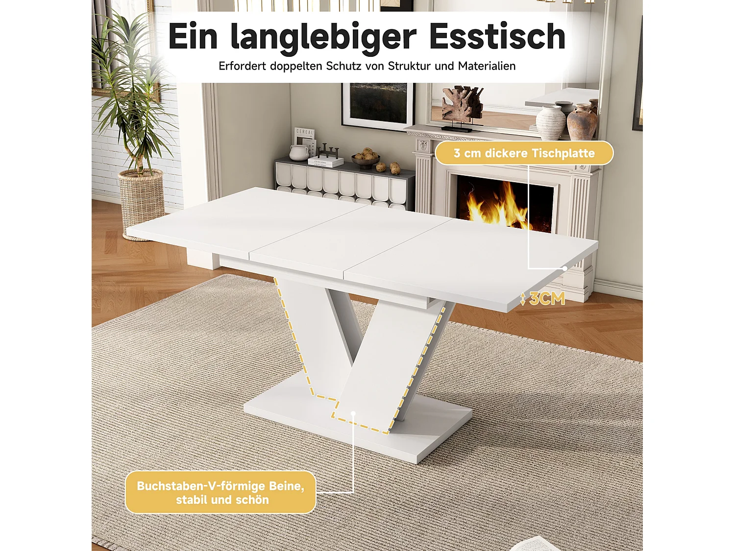 Ausziehbarer Esstisch mit verdickte Tischplatte für 4-8 Personen, rechteckiger Esstisch Ausziehtisch mit V-förmige Beine 120/160*80 cm, Weiß