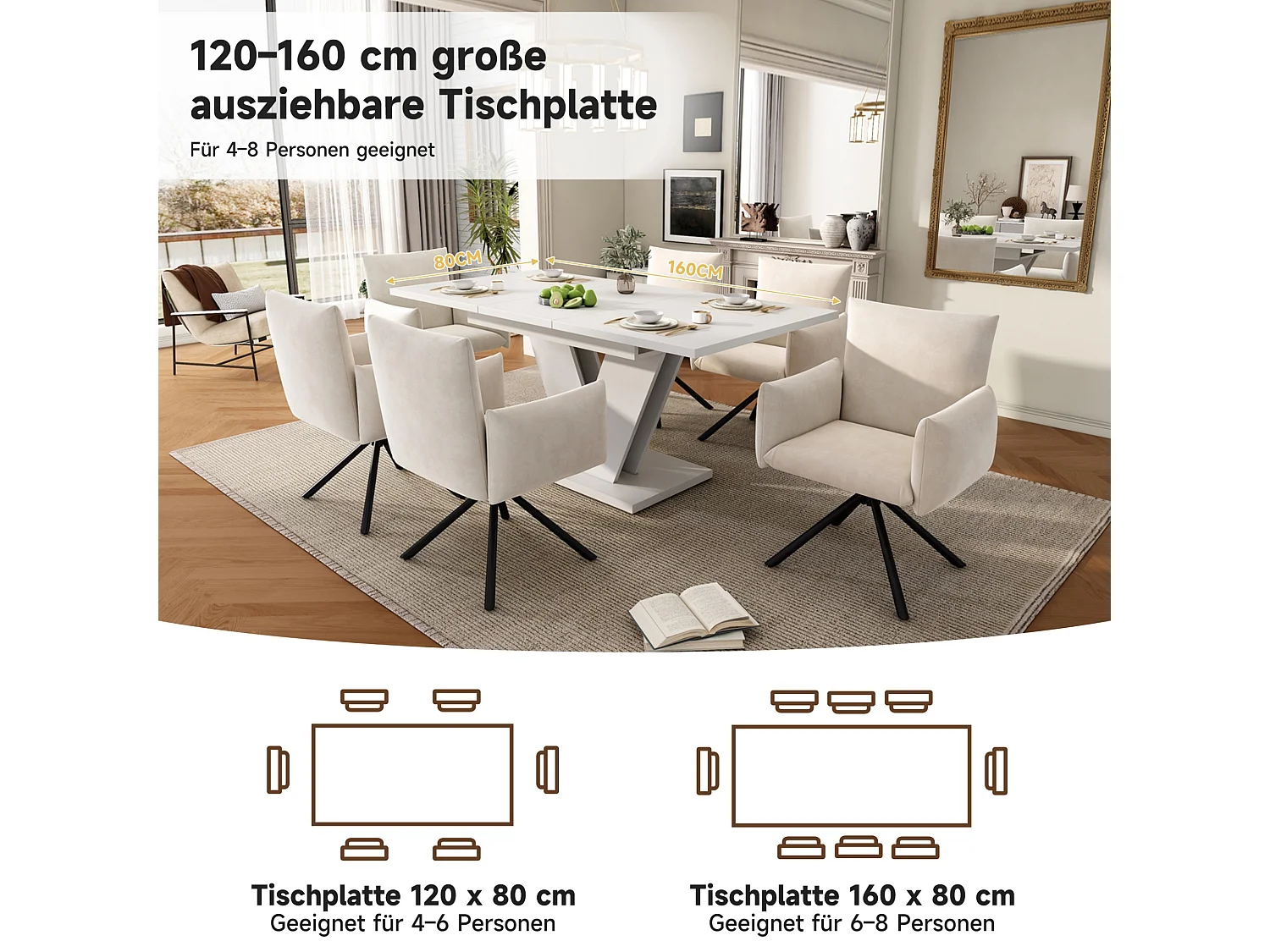 Ausziehbarer Esstisch mit verdickte Tischplatte für 4-8 Personen, rechteckiger Esstisch Ausziehtisch mit V-förmige Beine 120/160*80 cm, Weiß