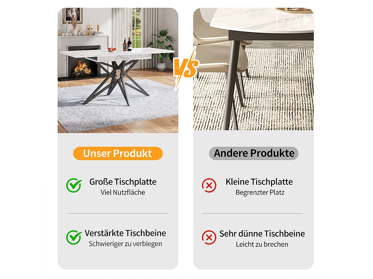 Esstisch Tischplatte aus Walnussholz/Marmorimitat Ausziehbarer Esszimmertisch Küchentisch 120 (160) x 80 cm