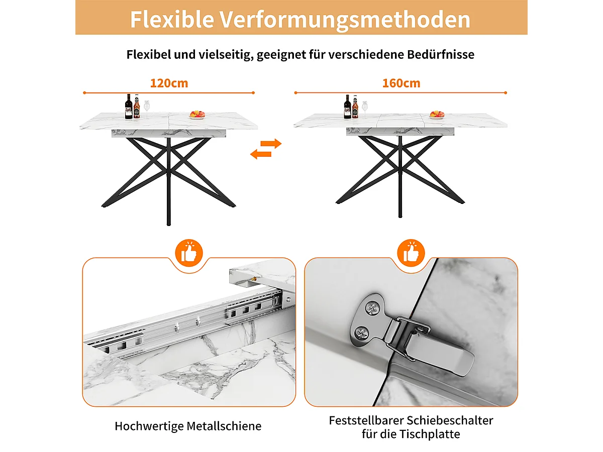 Esstisch Tischplatte aus Walnussholz/Marmorimitat Ausziehbarer Esszimmertisch Küchentisch 120 (160) x 80 cm