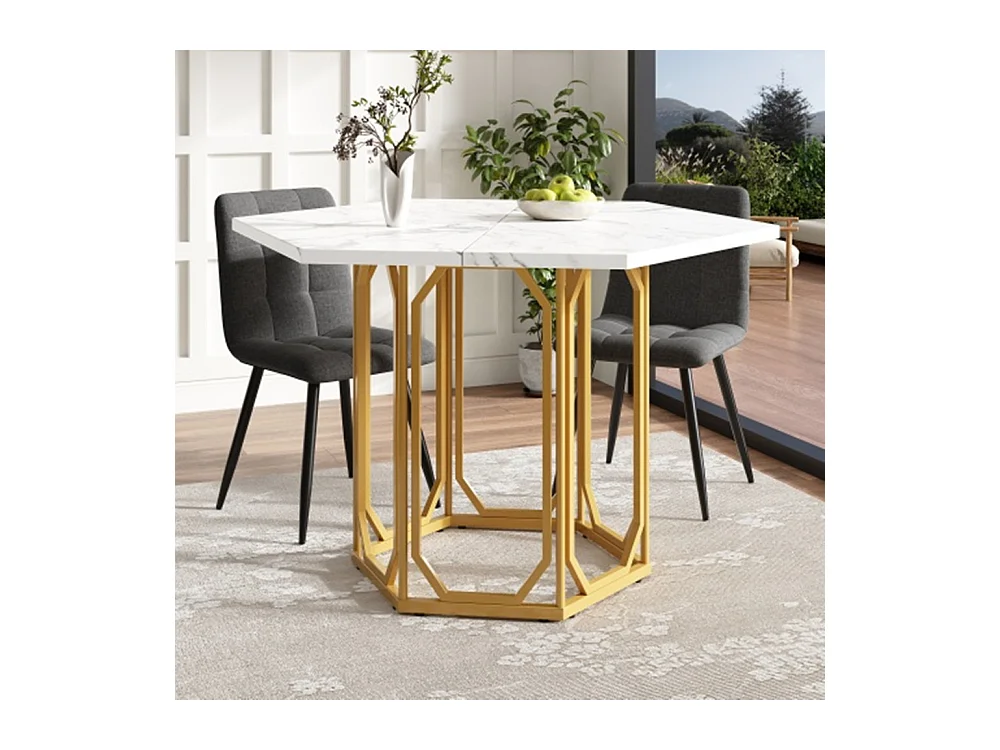 Esstisch,Sechseckiger Küchentisch,Bartisch, Frühstückstisch Metallbeine Marmormuster Gold