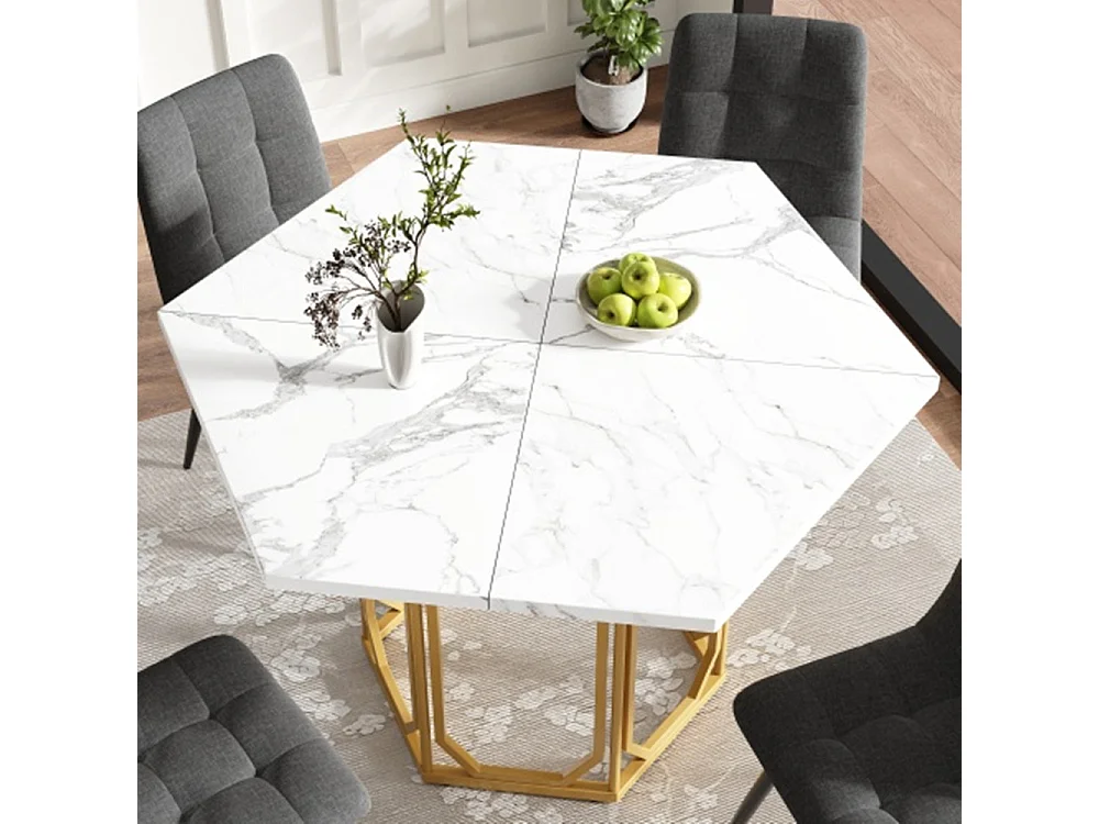 Esstisch,Sechseckiger Küchentisch,Bartisch, Frühstückstisch Metallbeine Marmormuster Gold