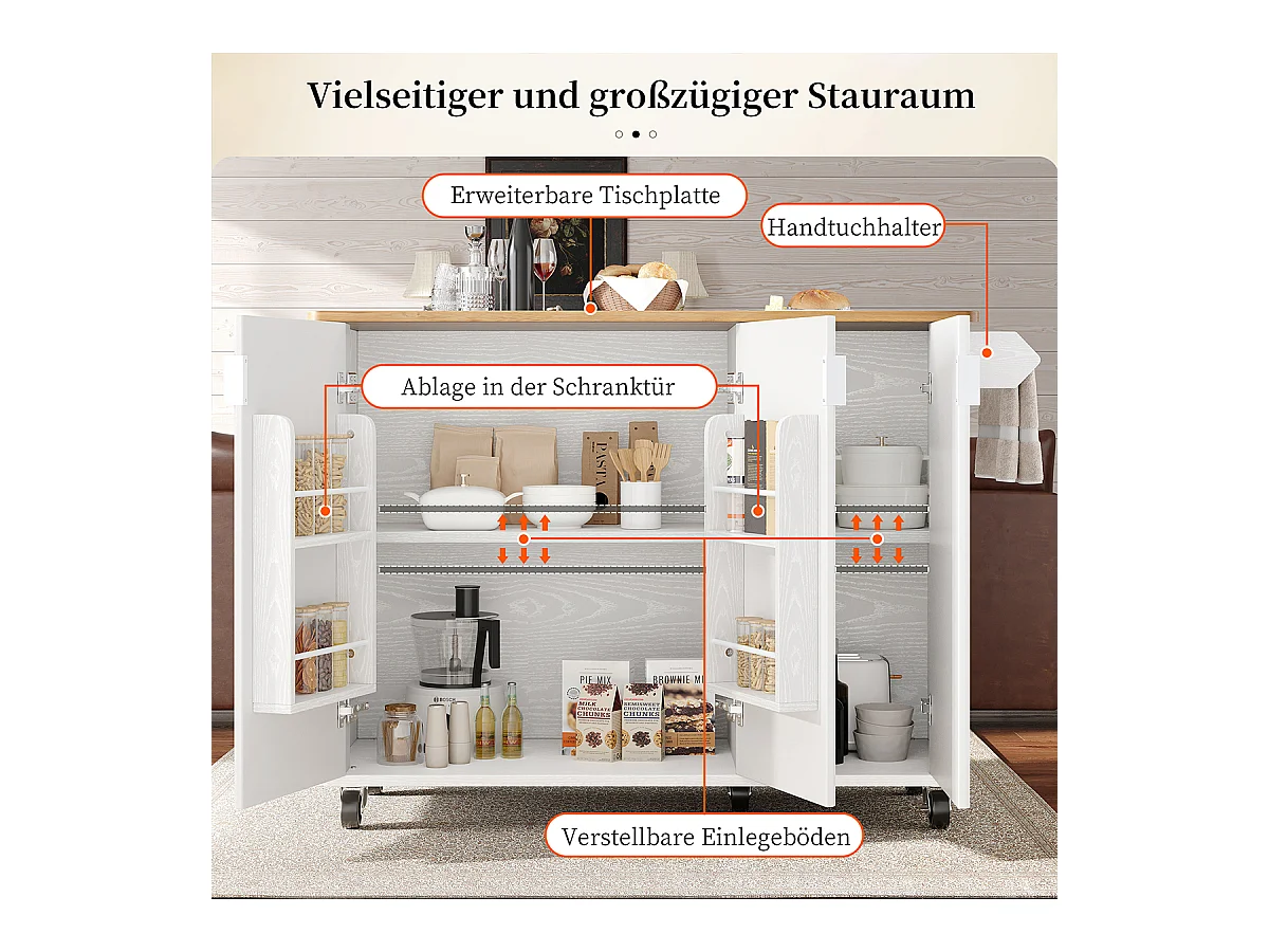 Küchenwagen mit Handtuchhalter und Gewürzregal Ausziehbarer Kücheninsel Küchenschrank 130x45(75)x92cm Weiß