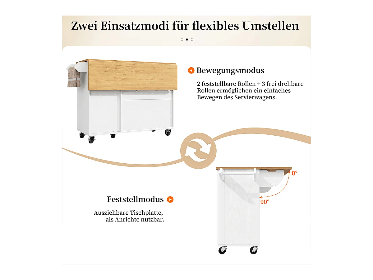 Küchenwagen mit Handtuchhalter und Gewürzregal Ausziehbarer Kücheninsel Küchenschrank 130x45(75)x92cm Weiß