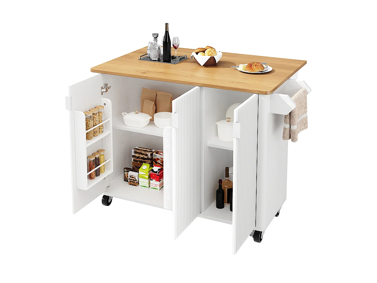 Küchenwagen mit Handtuchhalter und Gewürzregal Ausziehbarer Kücheninsel Küchenschrank 130x45(75)x92cm Weiß