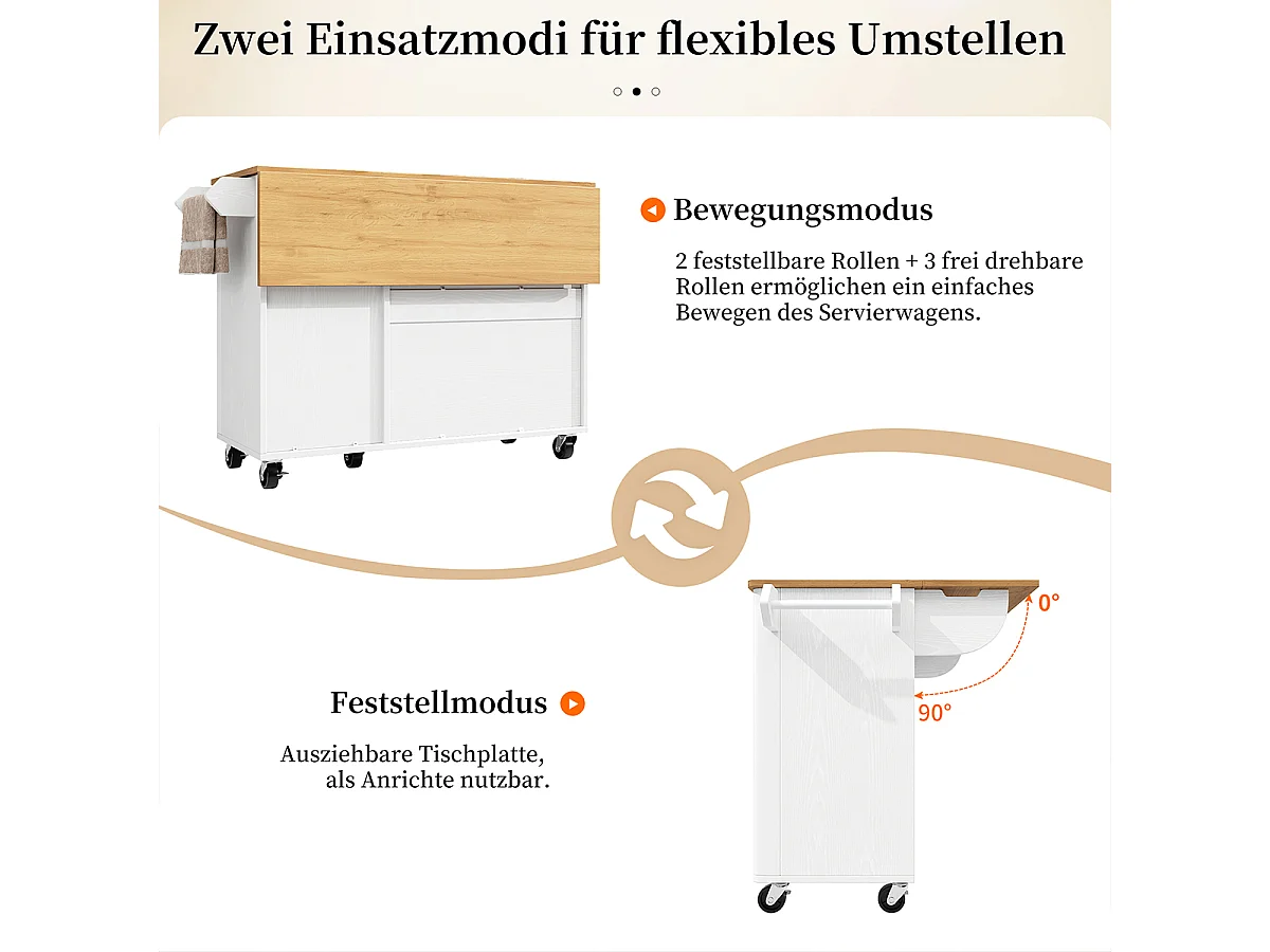 Küchenwagen mit Handtuchhalter und Gewürzregal Ausziehbarer Kücheninsel Küchenschrank 130x45(75)x92cm Weiß