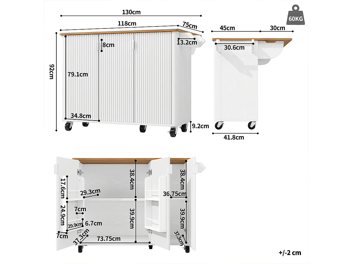 Küchenwagen mit Handtuchhalter und Gewürzregal Ausziehbarer Kücheninsel Küchenschrank 130x45(75)x92cm Weiß