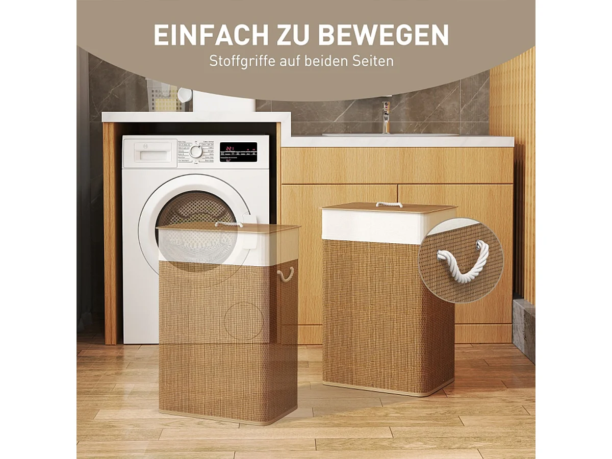 Bambus Wäschekorb mit Deckel und Wäschesack Wäschebehälter Wäschesammler 72 L Braun