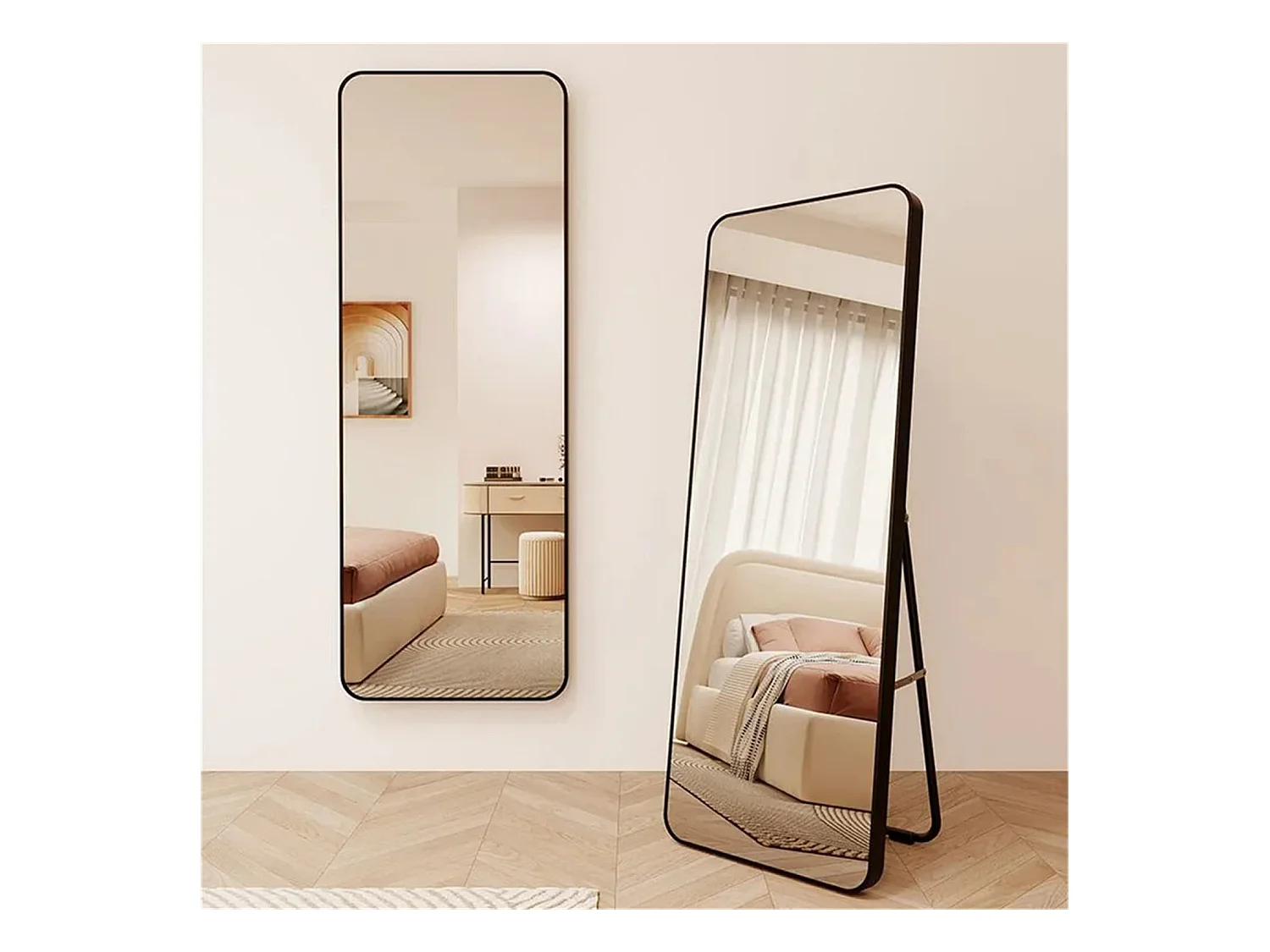 Ganzkörperspiegel 45x155 cm,mit abgerundeten Kanten,bruchsicherem Floatglas,stabilem Metall-Standfuß,Kunststoffrahmen,freistehend oder wandmontierbar