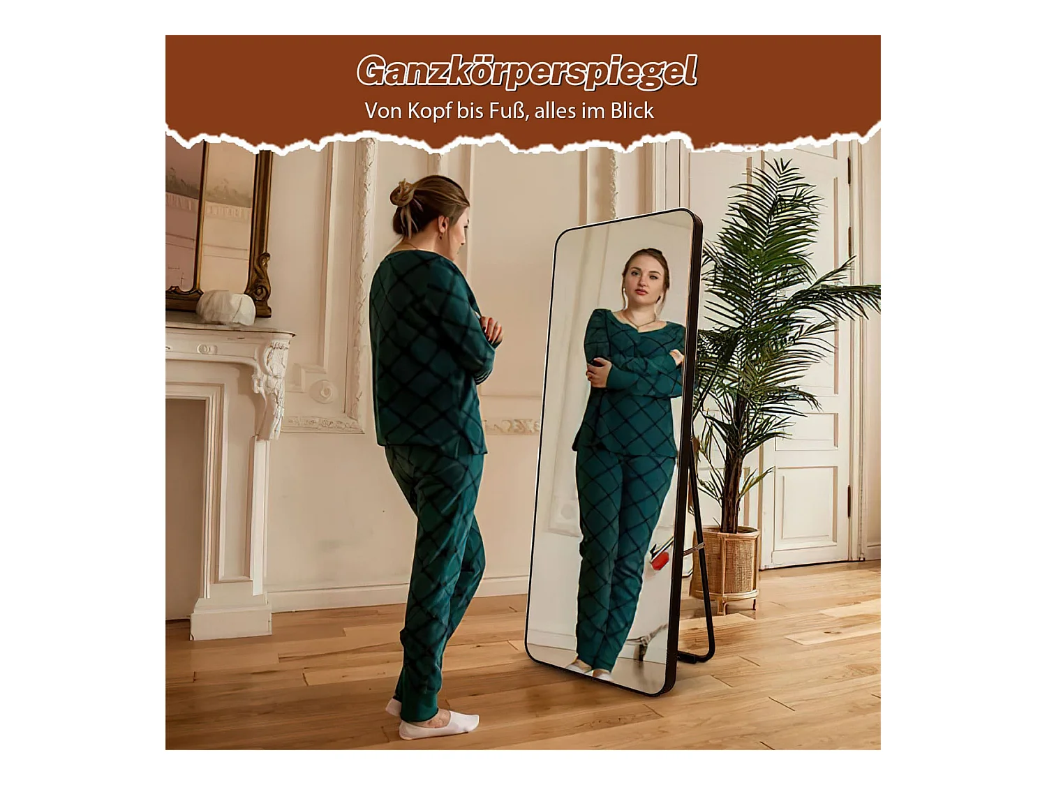 Ganzkörperspiegel 45x155 cm,mit abgerundeten Kanten,bruchsicherem Floatglas,stabilem Metall-Standfuß,Kunststoffrahmen,freistehend oder wandmontierbar