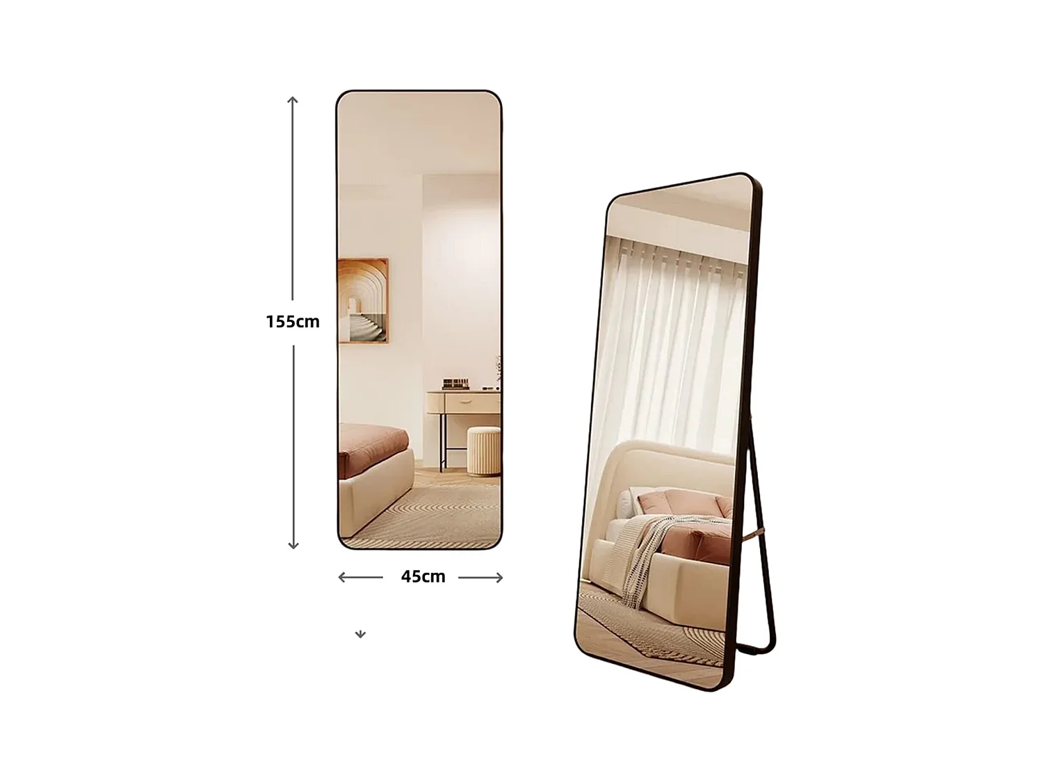 Ganzkörperspiegel 45x155 cm,mit abgerundeten Kanten,bruchsicherem Floatglas,stabilem Metall-Standfuß,Kunststoffrahmen,freistehend oder wandmontierbar