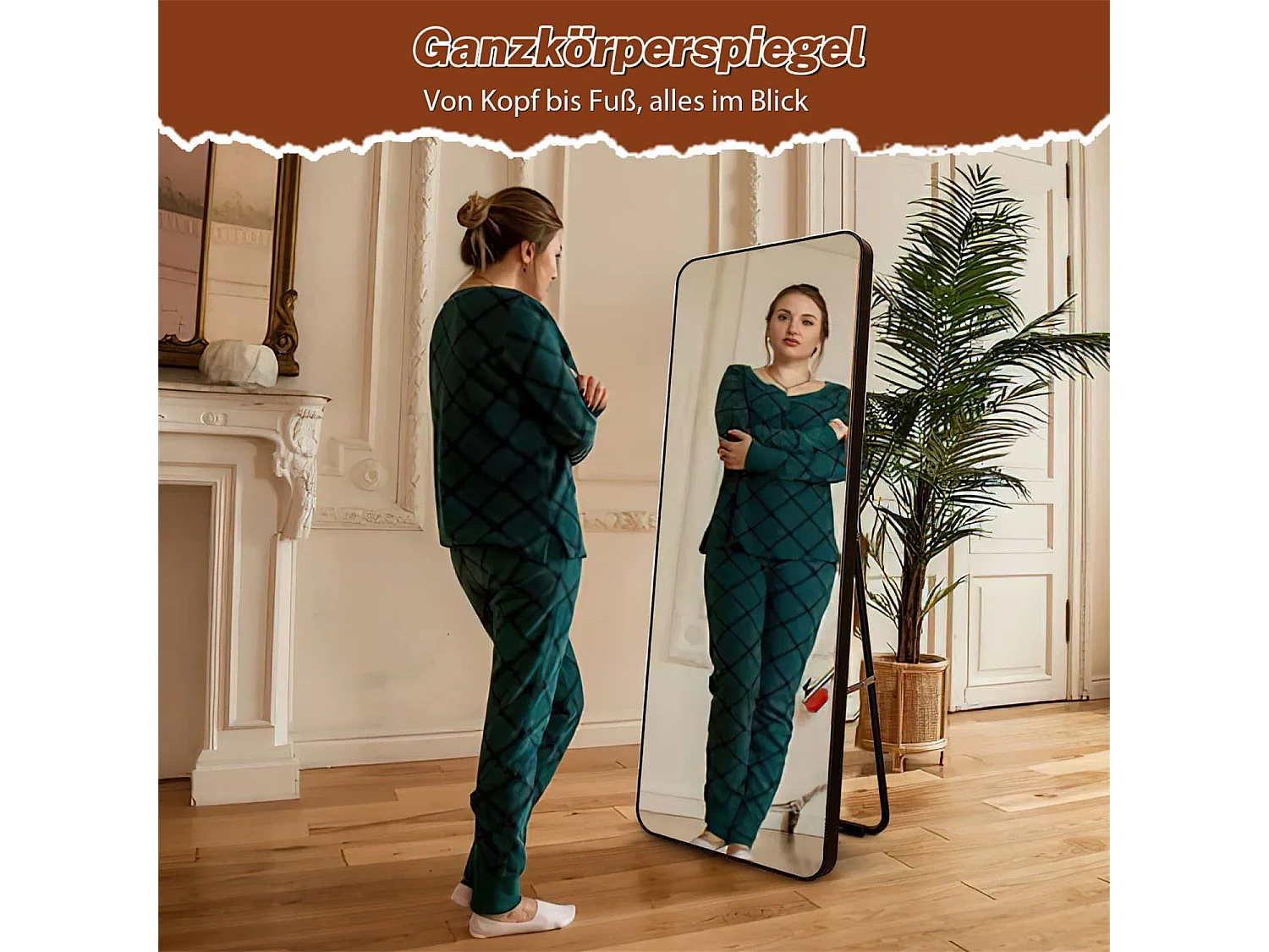 Ganzkörperspiegel 45x155 cm,mit abgerundeten Kanten,bruchsicherem Floatglas,stabilem Metall-Standfuß,Kunststoffrahmen,freistehend oder wandmontierbar