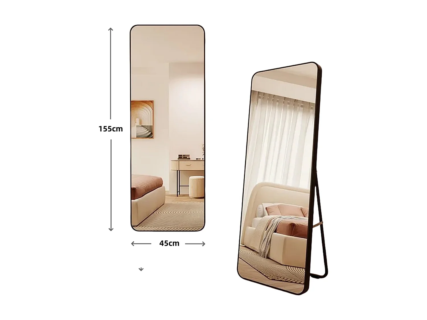 Ganzkörperspiegel 45x155 cm,mit abgerundeten Kanten,bruchsicherem Floatglas,stabilem Metall-Standfuß,Kunststoffrahmen,freistehend oder wandmontierbar
