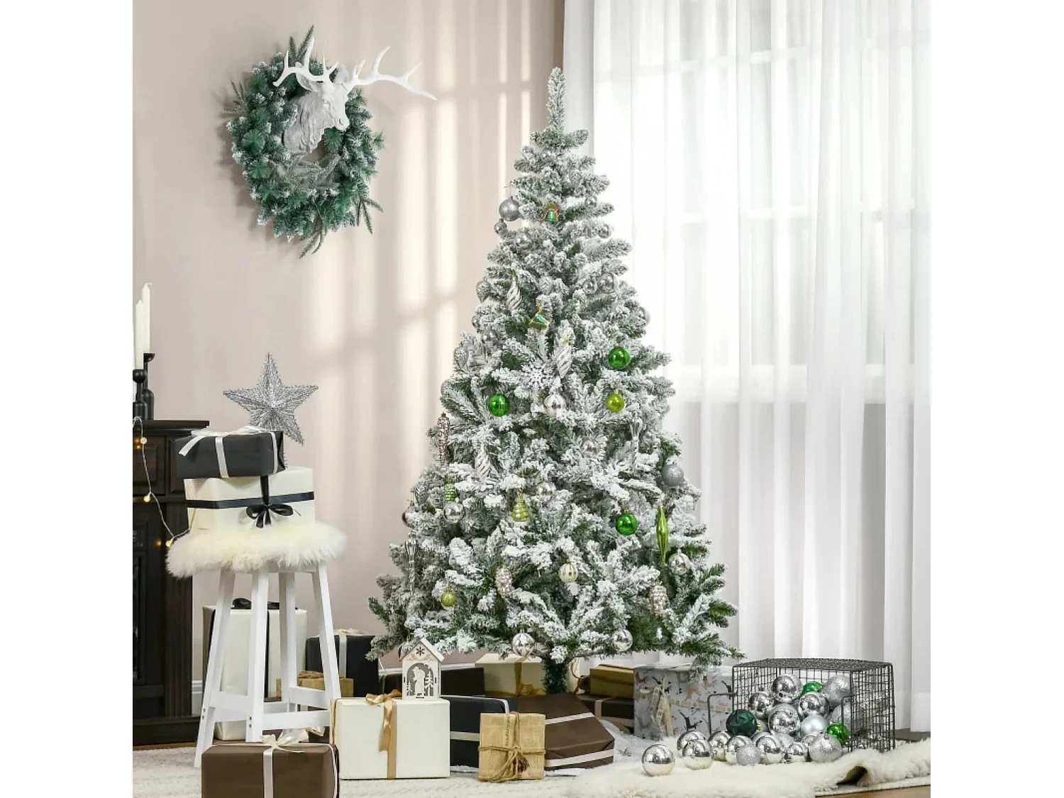 Künstlicher Weihnachtsbaum, Schnee-Effekt, flammenhemmend, Scharnierkonstruktion, Grün/Weiß