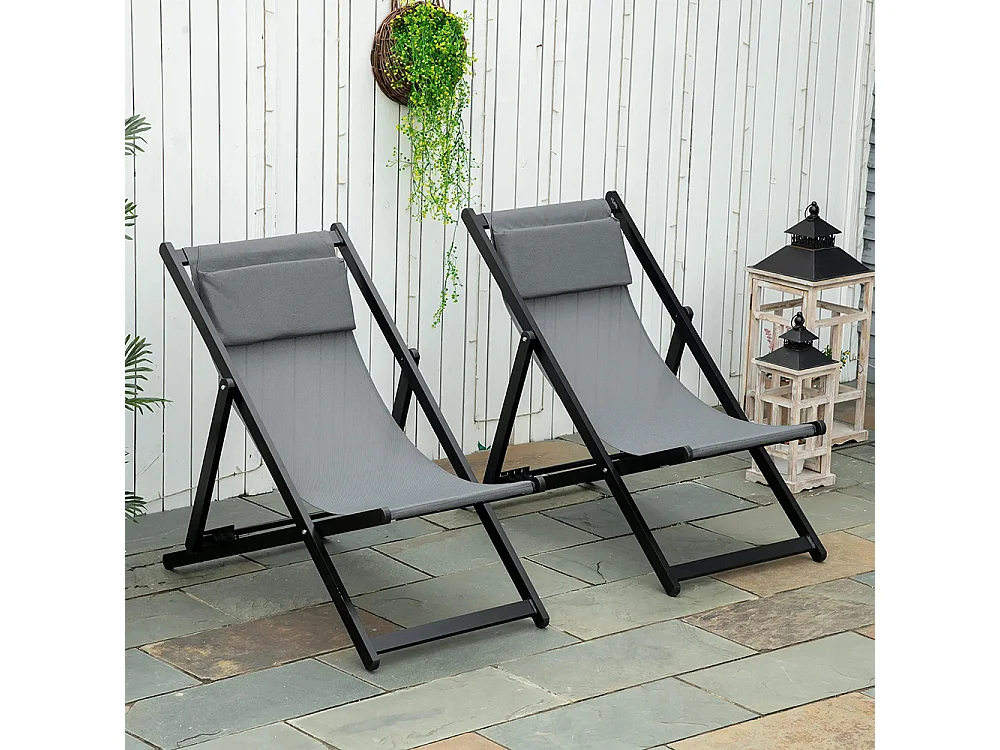Lot de 2 bain de soleil chaise longue pliante avec appuie-tête en textilène inclinable gris foncé