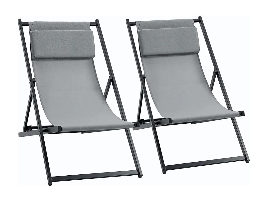 Lot de 2 bain de soleil chaise longue pliante avec appuie-tête en textilène inclinable gris foncé
