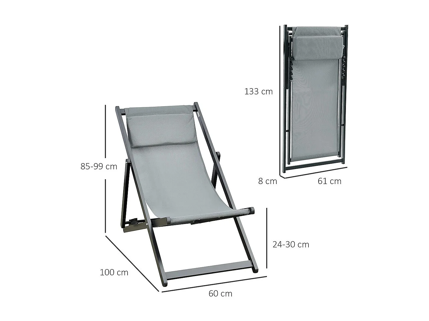 Lot de 2 bain de soleil chaise longue pliante avec appuie-tête en textilène inclinable gris foncé