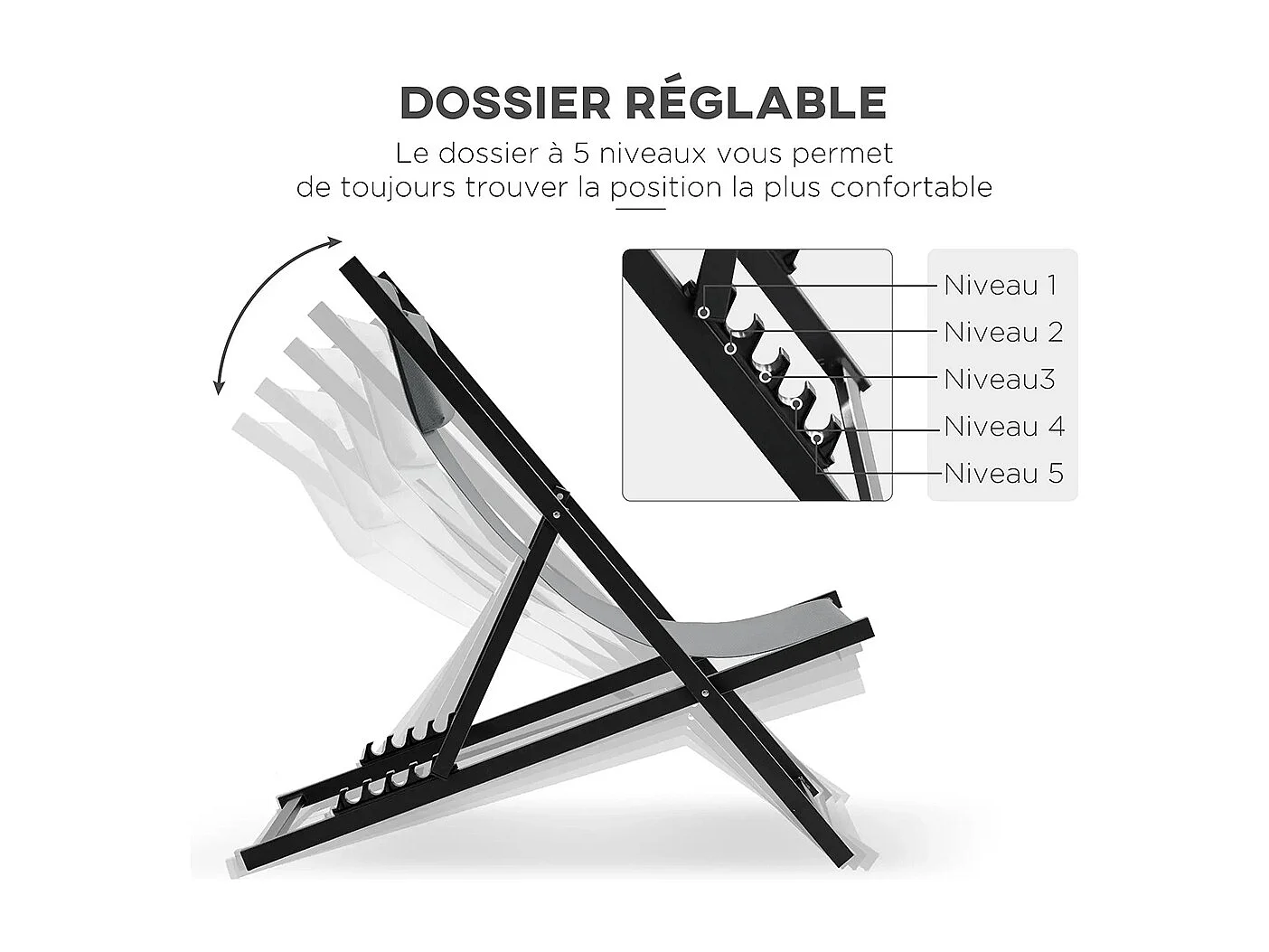 Lot de 2 bain de soleil chaise longue pliante avec appuie-tête en textilène inclinable gris foncé