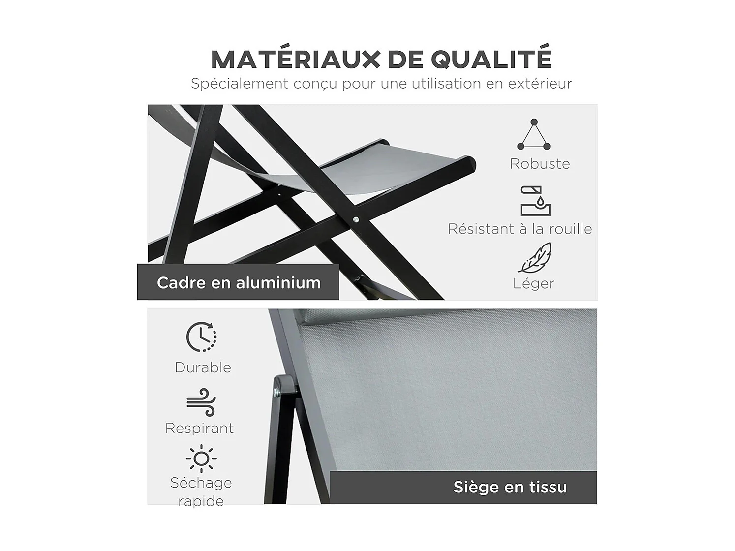 Lot de 2 bain de soleil chaise longue pliante avec appuie-tête en textilène inclinable gris foncé