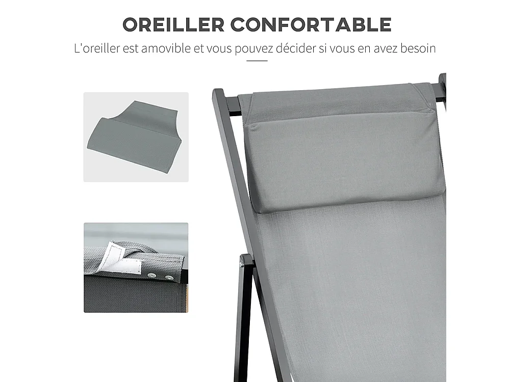 Lot de 2 bain de soleil chaise longue pliante avec appuie-tête en textilène inclinable gris foncé