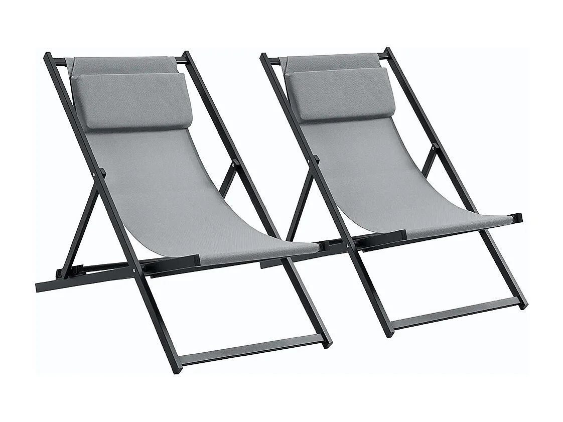 Lot de 2 bain de soleil chaise longue pliante avec appuie-tête en textilène inclinable gris foncé
