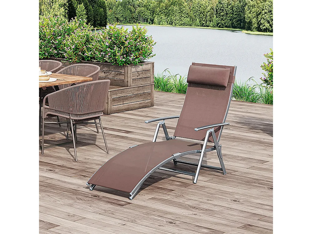 Bain de Soleil Pliable Dossier inclinable Multi-Positions têtière fournie métal époxy textilène Marron
